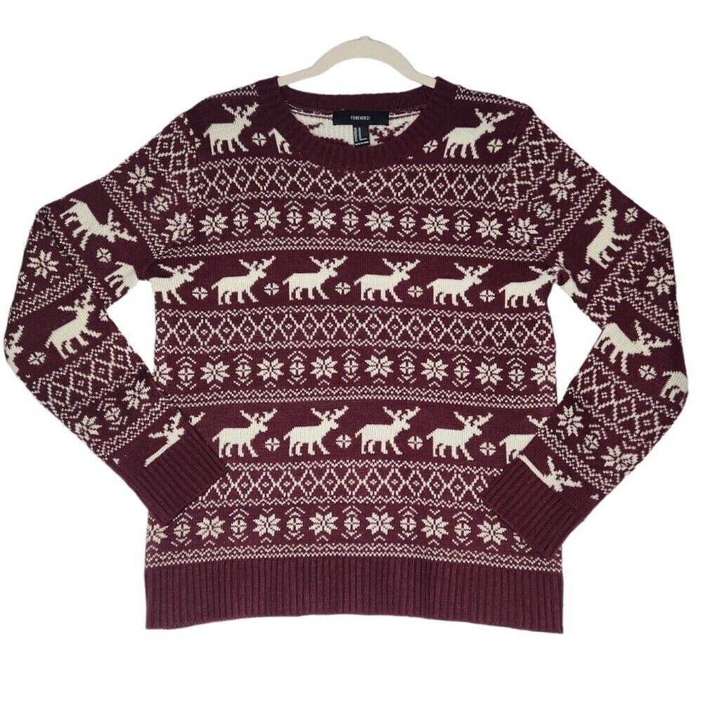 Forever 21 Women's Size Medium Maroon White Reindeer Holiday Acrylic Sweater